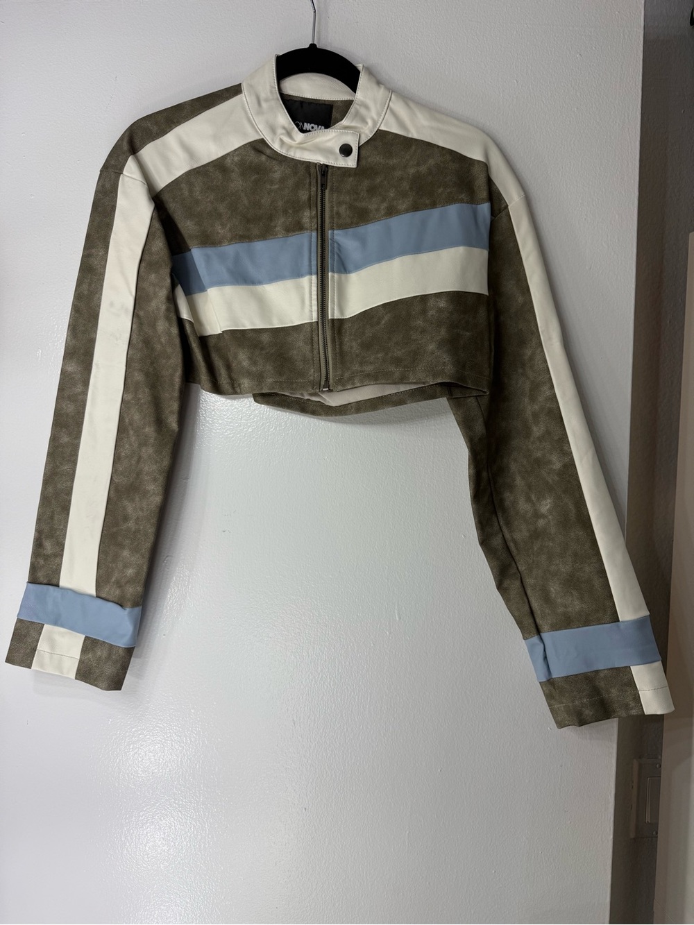 Cropped Colorblock Jacket with Blue & Cream Stripes